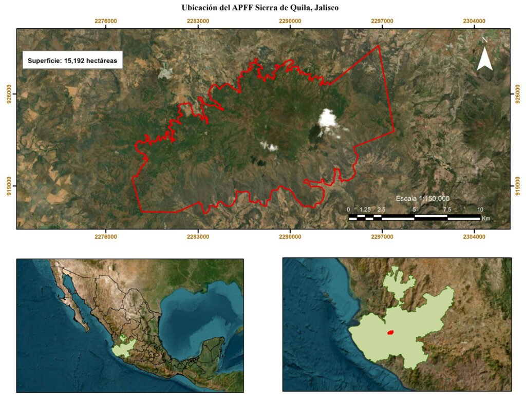 Figura 1. Mapa de ubicación geográfica del Área de Protección de Flora y Fauna Sierra de Quila, Jalisco. Fuente: Elaboración propia con base en información de Conabio (2019) y Villavicencio et al. (2015).