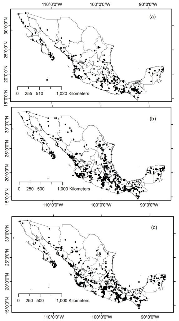 Figure 1. Collection sites for different number of records of Cerambycidae species in Mexico.