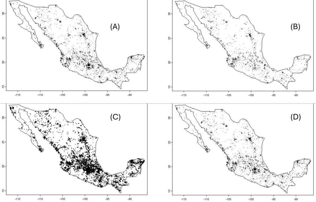 Figure 2. Points of occurrence of observations, for iNaturalist, for (A) the dragonflies (Anysoptera, 24,003 records), (B) the damselflies (Zygoptera, 12,772 records), (C) 3 families of butterflies (Papilionidae, Pieridae, Nymphalidae, 58,048 records) and (D) the bumblebees (genus Bombus, 6,543 records).