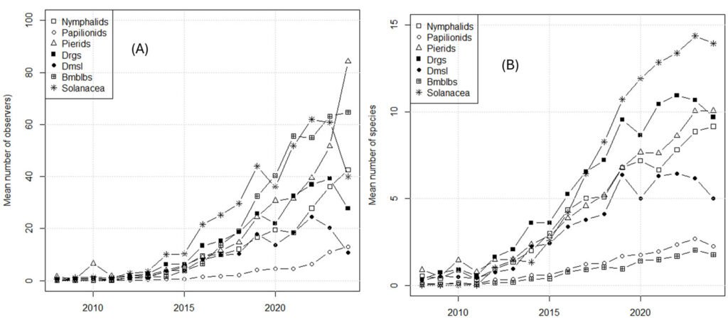 Figure 3. Growth in the mean reported number of species (A) and the mean number of observers with more than 2 observations during the study period (B). The average was taken over hexagons of 2 degrees of area covering the country. Bmblbs are all the species in the genus Bombus, Drgs, Anisoptera (dragonflies); Dmsls, Zygoptera (damselflies). The other lines correspond to butterflies in 3 families, and to the nightshade family of plants.